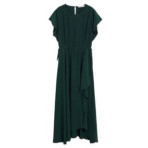 Mango Day Dress Green Wrap Midi Long Flowy Sleeve Tie Side Size 10